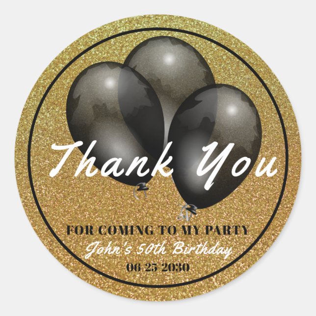 Thank You for Coming Birthday black balloons gold Classic Round Sticker (Front)