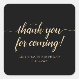 Thank You For Coming Black Gold Birthday Party Square Sticker