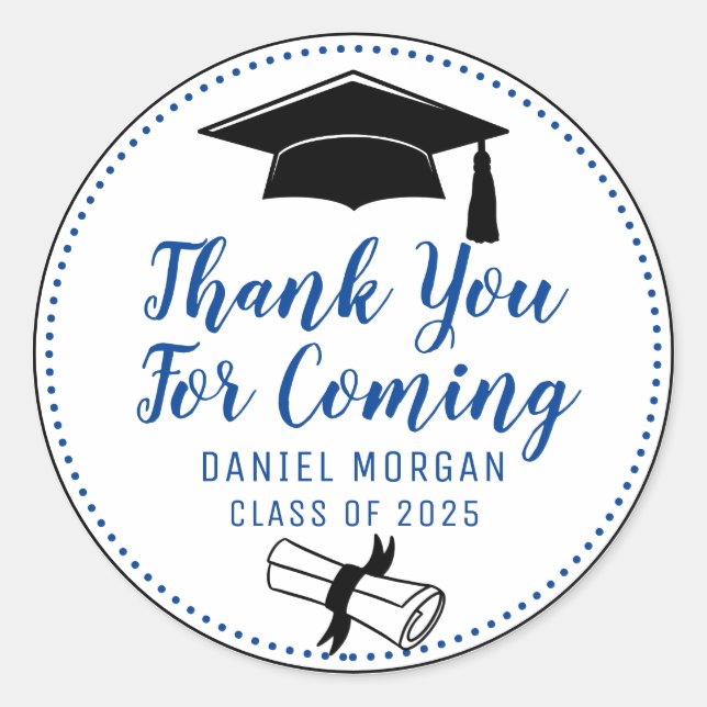 Thank You For Coming Blue Graduation Party  Classic Round Sticker (Front)