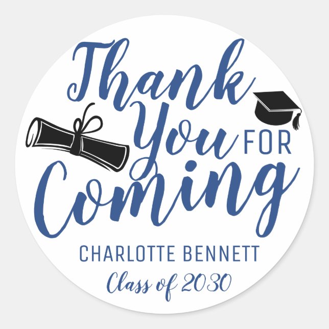 Thank You For Coming Blue Graduation Party Favour Classic Round Sticker (Front)
