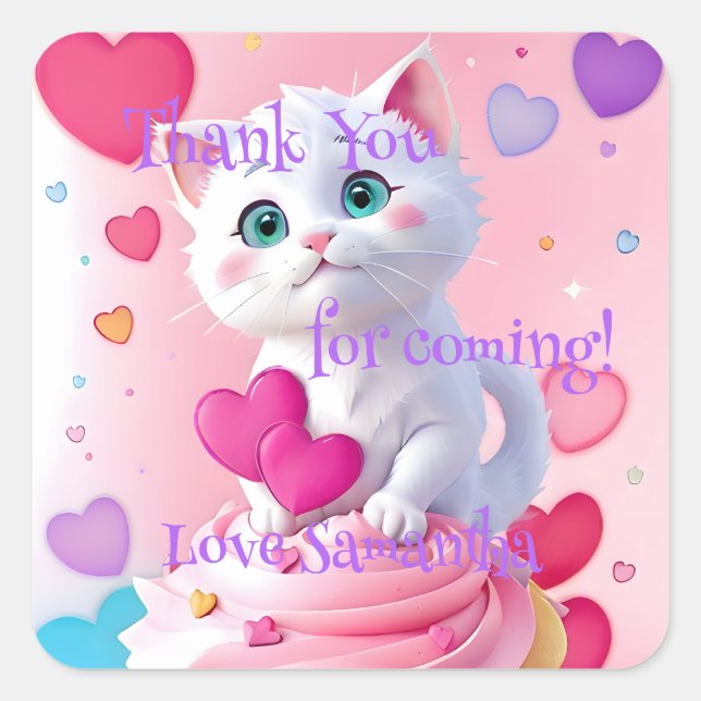 Thank you for Coming Cute Fun Kitty & Cupcake Pink Square Sticker (Front)