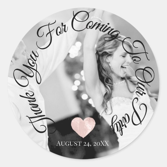 Thank You For Coming Party Date Photo Heart Classic Round Sticker (Front)