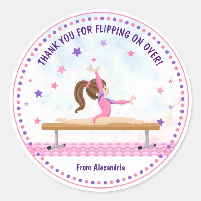 Thank You For Flipping On Over Gymnastics Birthday Classic Round Sticker (Front)