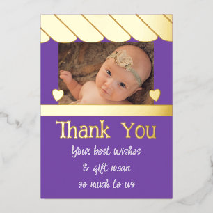 Thank you for gifts for new baby purple foil card