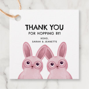 'Thank you for hopping by' with two pink bunnies Favour Tags