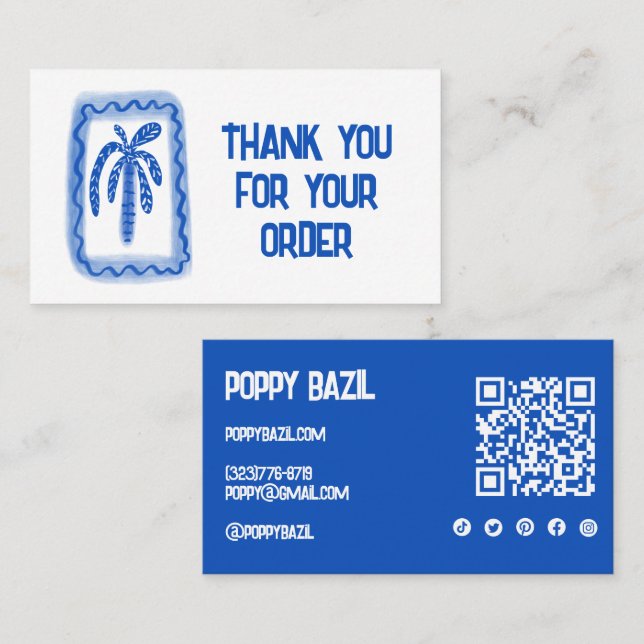 Thank You for Order Social Icons QR Code Palm Tree Business Card (Front/Back)