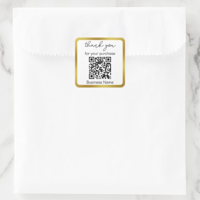 Thank You For Purchase Business QR Code White Gold Square Sticker (Bag)