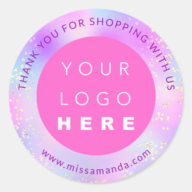 Thank You For Shopping Add Logo Holograph Pink Classic Round Sticker (Front)