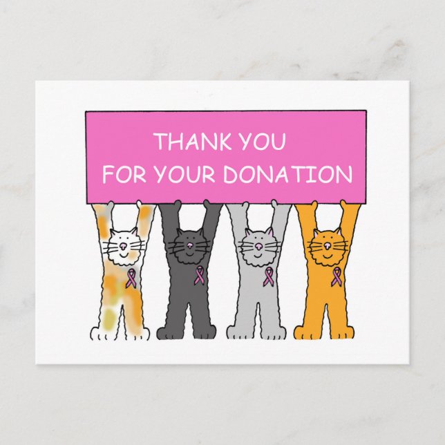 Thank You for Your Donation Pink Ribbon Cats Postcard (Front)