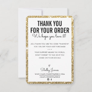 THANK YOU FOR YOUR ORDER glam insert gold glitter Card