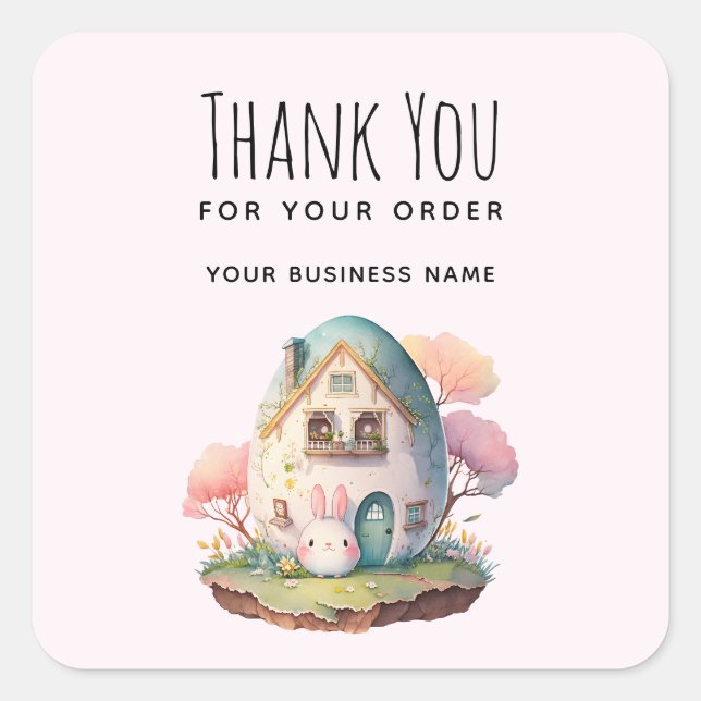 Thank You for Your Order Pink Pastel Bunny & House Square Sticker (Front)