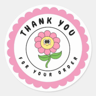 Thank You For Your Order Retro Pink Flower Circle  Classic Round Sticker