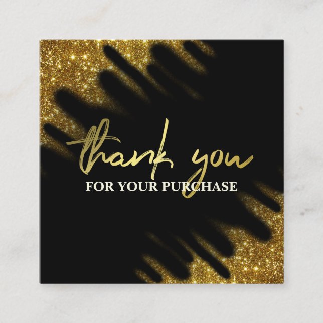 Thank You For Your Purchase Black Gold Glitter Square Business Card (Front)