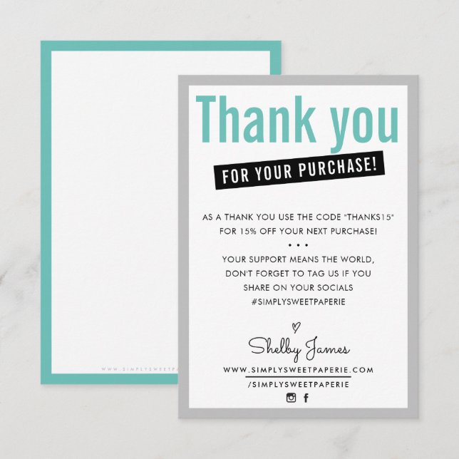 THANK YOU FOR YOUR PURCHASE customer insert mint Card (Front/Back)