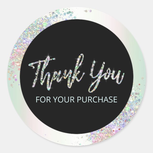 Thank You For Your Purchase Holographic Glitter Classic Round Sticker (Front)