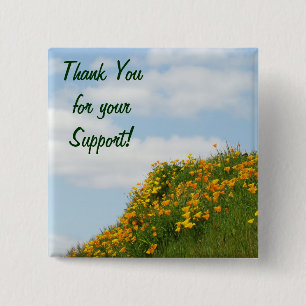 Thank You for Your Support! Poppy Flowers Blue Sky 2 Inch Square Button