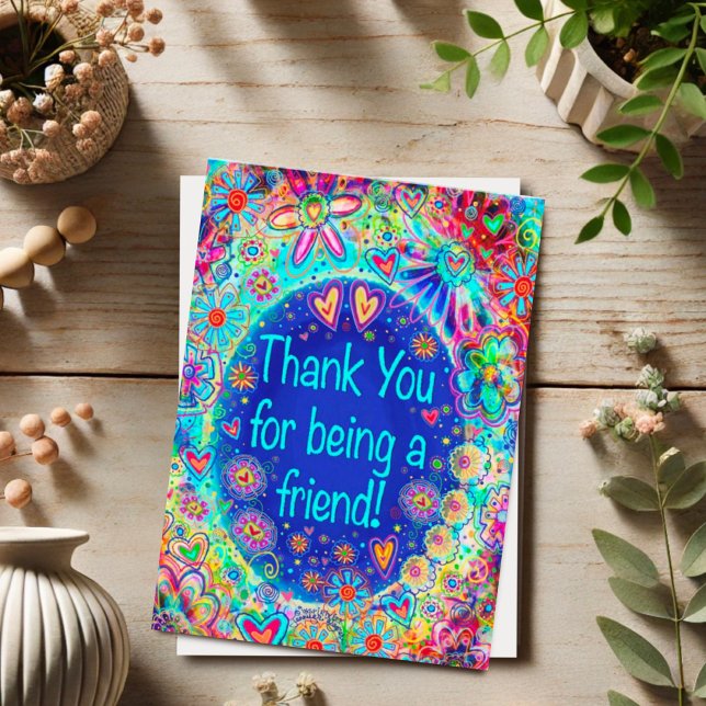 Thank You Friend Floral Blue Whimsical Heart Thank Card (Creator Uploaded)