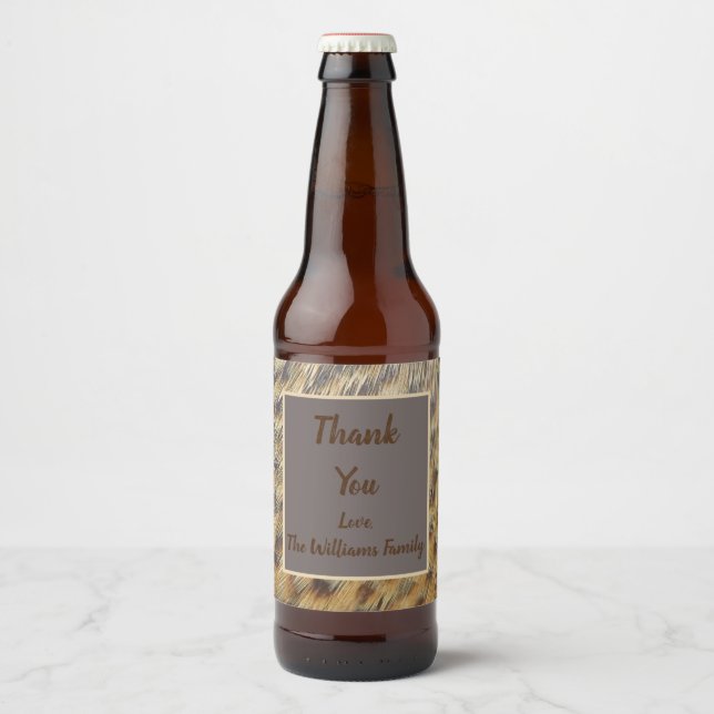Thank You From Family Animal Pattern Feathers Beer Bottle Label (Front)