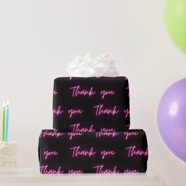 Thank You Fun Modern Black Hot Pink Neon Script Wrapping Paper (Party Gifts)