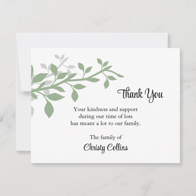 Thank You Funeral Cards, Green & Grey Branches Card (Front)