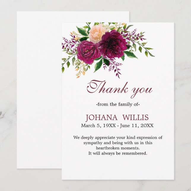 Thank You Funeral Floral Purple Memorial Card (Front/Back)