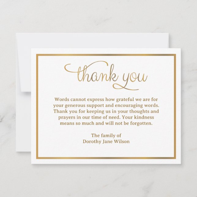 Thank you Funeral Note Card Bereavement Gold (Front)