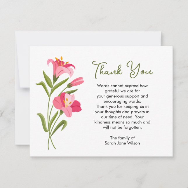 Thank you Funeral Note Card Pink Lily (Front)