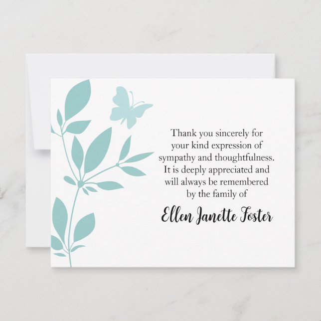 Thank you Funeral Note Card Teal Butterfly  (Front)