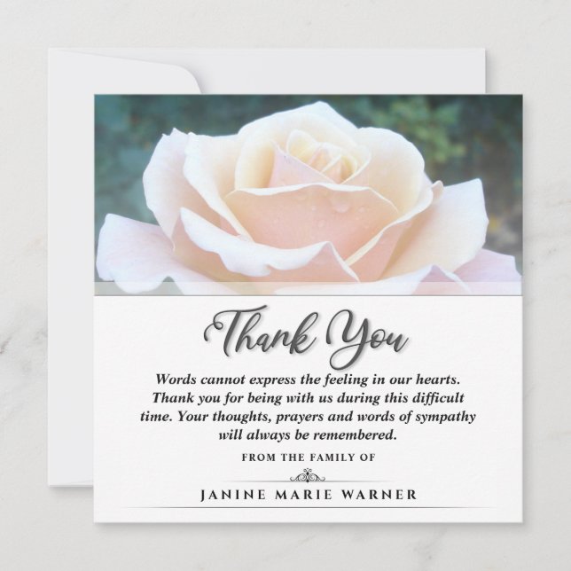 Thank You Funeral White Rose Square - Words Card (Front)