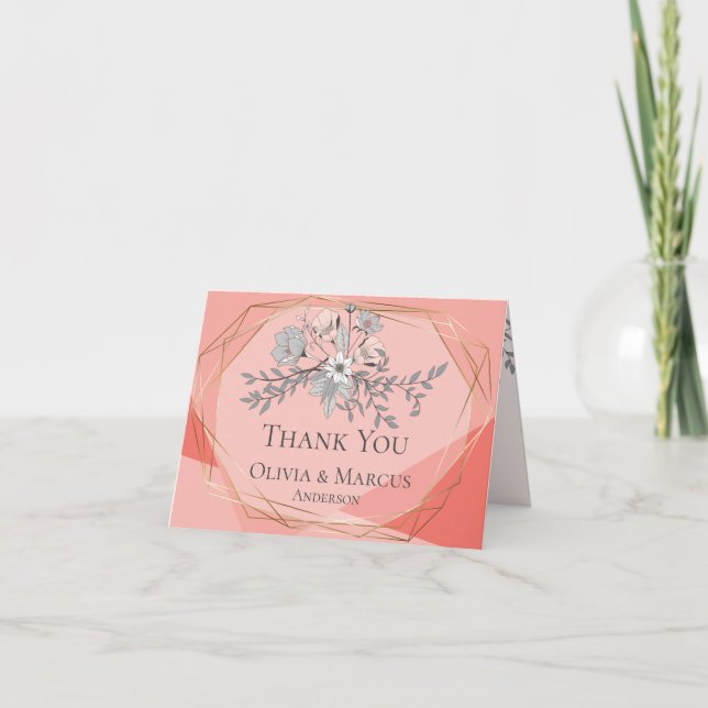Thank You | Geometric Coral Floral Gold Frame Card (Front)
