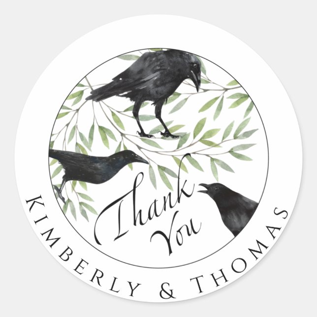 Thank You Gift Sticker Raven Bird Flowers (Front)
