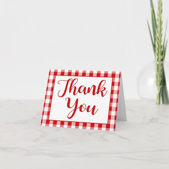 Thank You Gingham Red White Checks Wedding, Party Card (Front)
