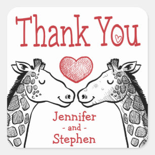 Thank You Giraffe Black, Red Burgundy Wedding Square Sticker