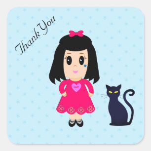 Thank You Girl and Cat with Stars on Light Blue Square Sticker