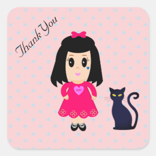 Thank You Girl and Cat with Stars on Pink Square Sticker