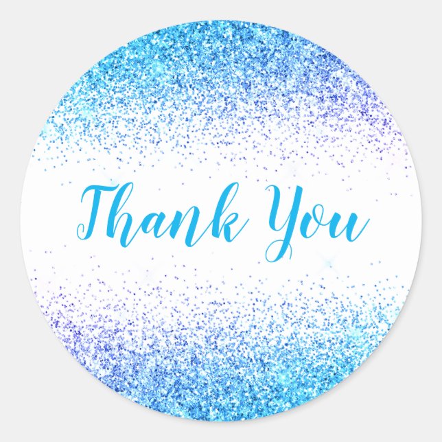 Thank You Glam Blue Glitter Elegant Girly Script Classic Round Sticker (Front)