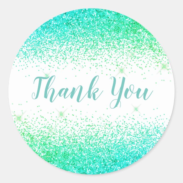 Thank You Glam Green Glitter Elegant Girly Script Classic Round Sticker (Front)