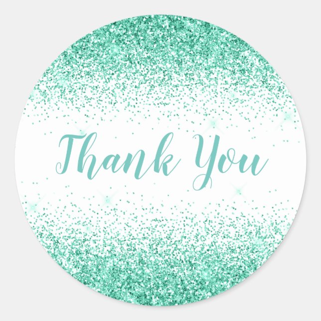 Thank You Glam Green Glitter Elegant Girly Script Classic Round Sticker (Front)
