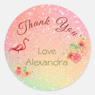 Thank You Glitter Flamingo Tropical Floral  Classic Round Sticker