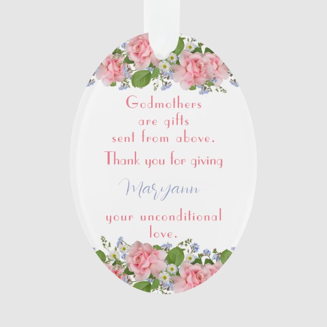 Thank You Godmother Gift Pink Flowers Personalized Ornament (Front)