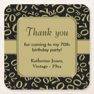 Thank You: Gold/Black 70th Random Number Pattern Square Paper Coaster