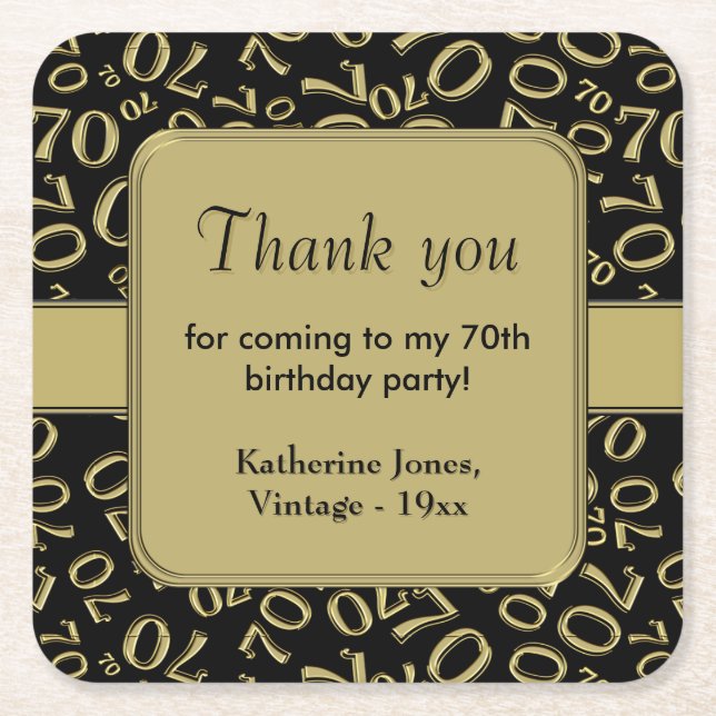 Thank You: Gold/Black 70th Random Number Pattern Square Paper Coaster (Front)