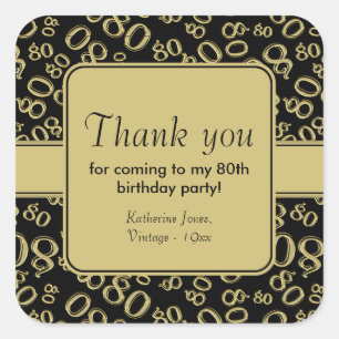 Thank You Gold/Black 80th Birthday Number Pattern Square Sticker