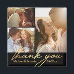 thank you gold calligraphy wedding 3 photos black magnet<br><div class="desc">elegant thank you golden handwriting wedding three photos collage black background  Magnet, custom</div>