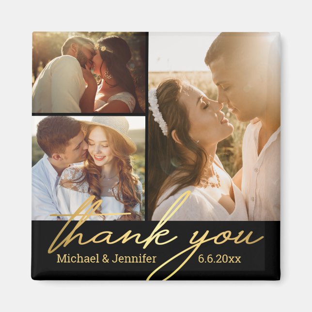 thank you gold calligraphy wedding 3 photos black magnet (Front)