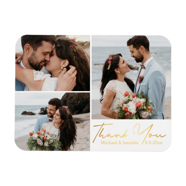 thank you, gold calligraphy wedding photo collage  magnet (Horizontal)