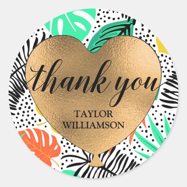 Thank You Gold Heart Balloon Tropical Plants Classic Round Sticker (Front)
