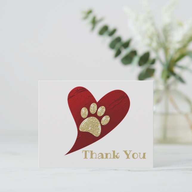 Thank You Gold Paw Print Red Heart Appreciation Postcard (Standing Front)