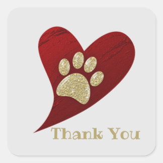 Thank You Gold Paw Print Red Heart Appreciation Square Sticker
