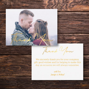 thank you,gold script winter wedding photo card